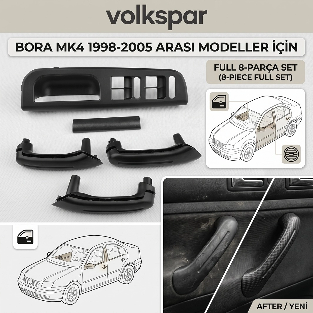 BORA İÇ KAPI ÇEKME KOLU SETİ SİYAH 8 PARÇA 1998-2005 ARASI MODELLER İÇİN